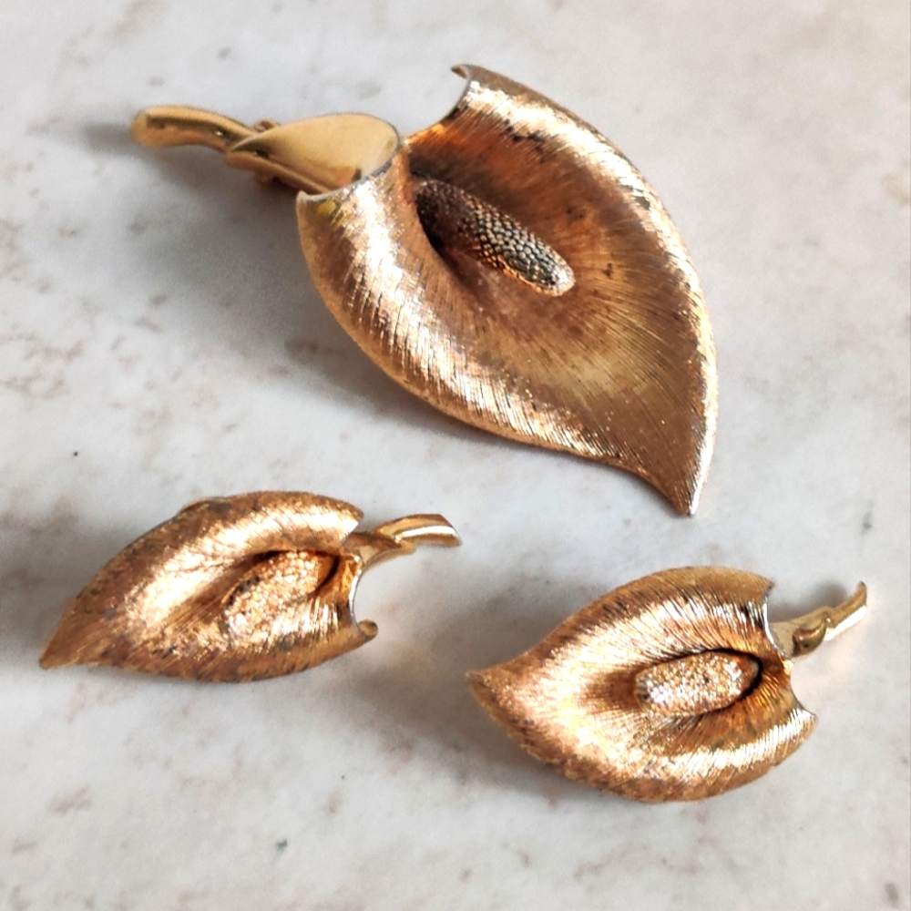 Marcel Boucher Matte Gold Calla Lily Jewelry Set Vintage